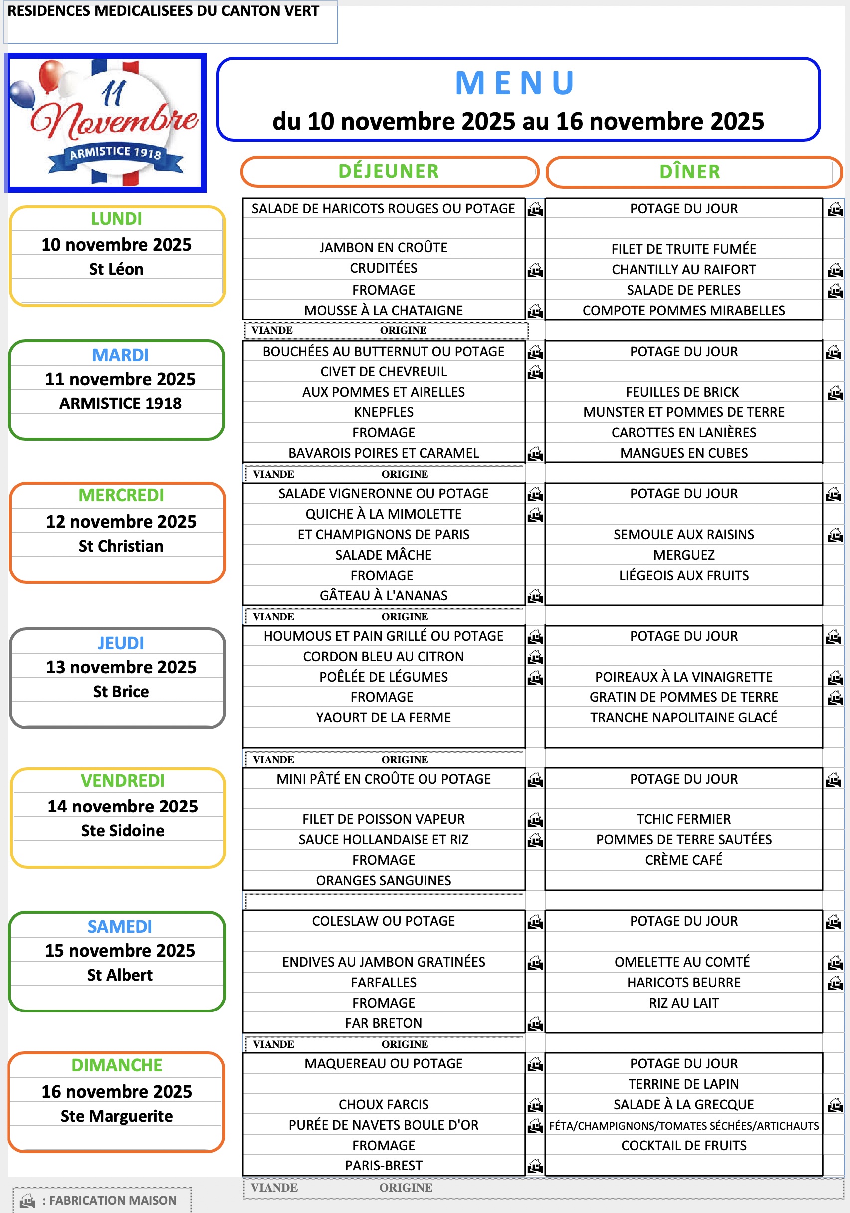 Menu du 10 au 16 Novembre 2025