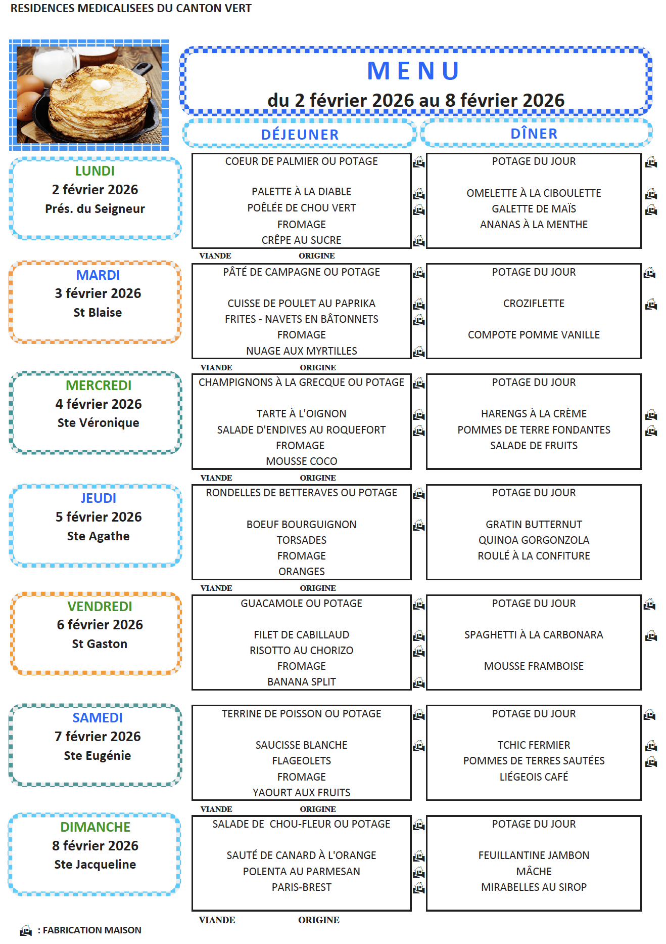 Menu du 2 au 8 Février 2026