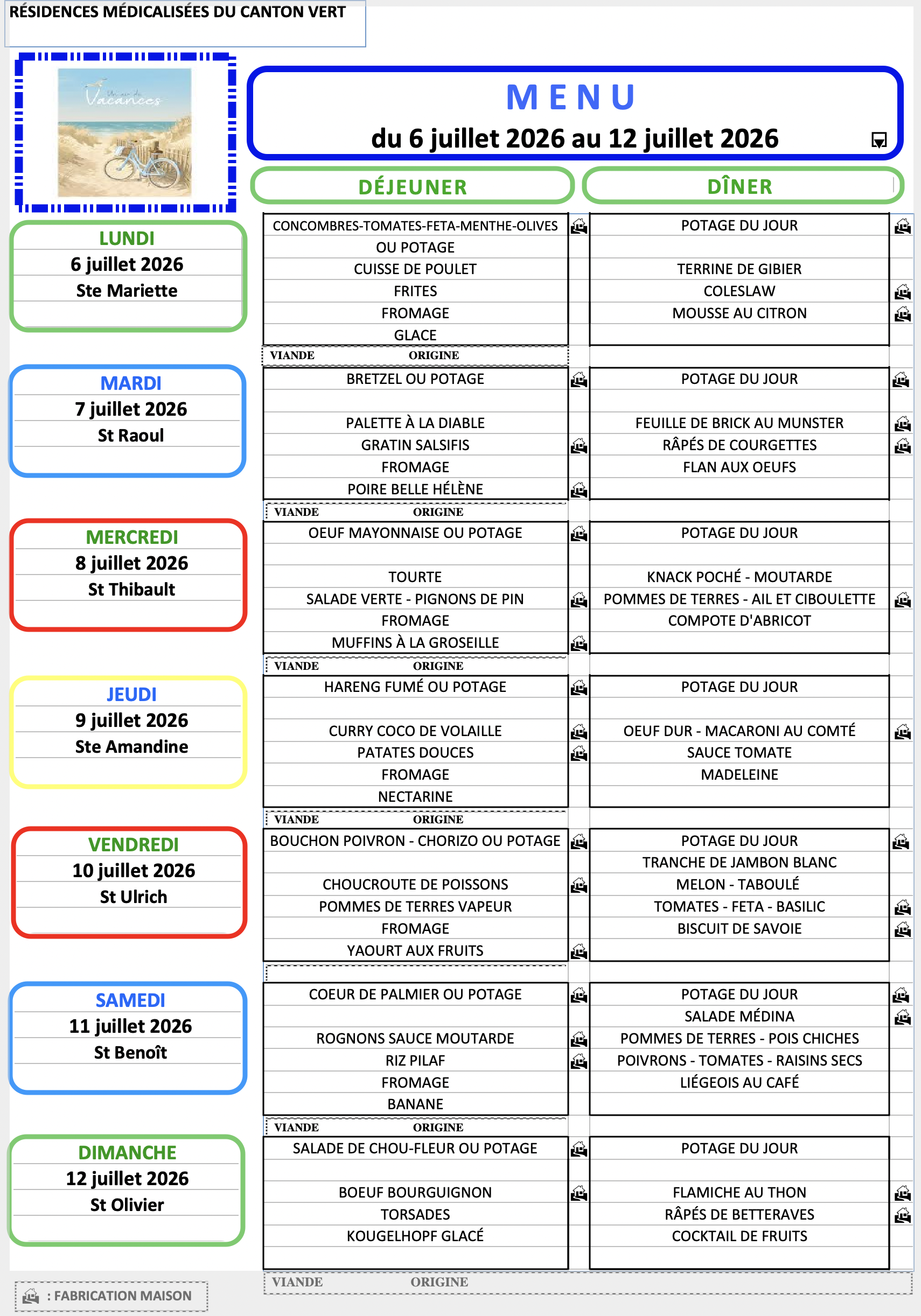 Menu du 6 au 12 juillet 2026